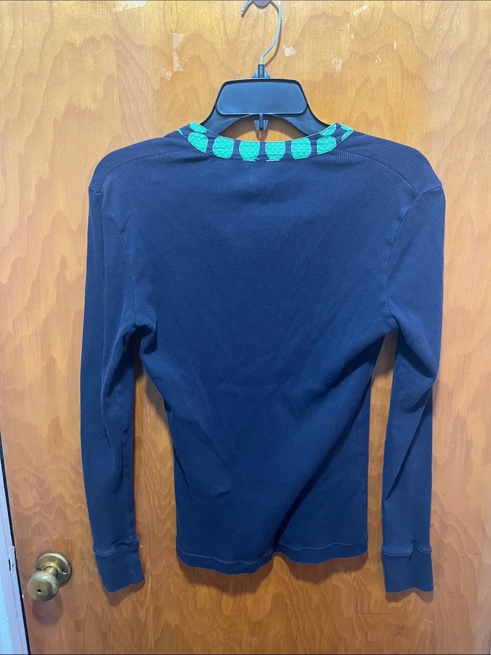 Tory Burch Navy Long-Sleeve V-Neck Top with Pineapple Trim